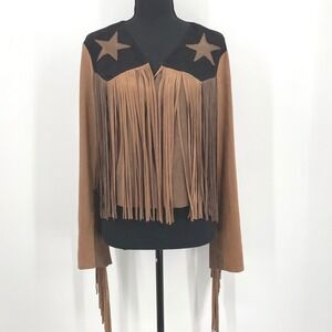 Vocal Fringe Jacket Womens Medium Brown Faux Suede Western Star Boho Festival